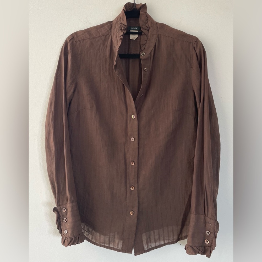 J. Crew Brown Ruffle Silver Thread Button Down Bl… - image 7
